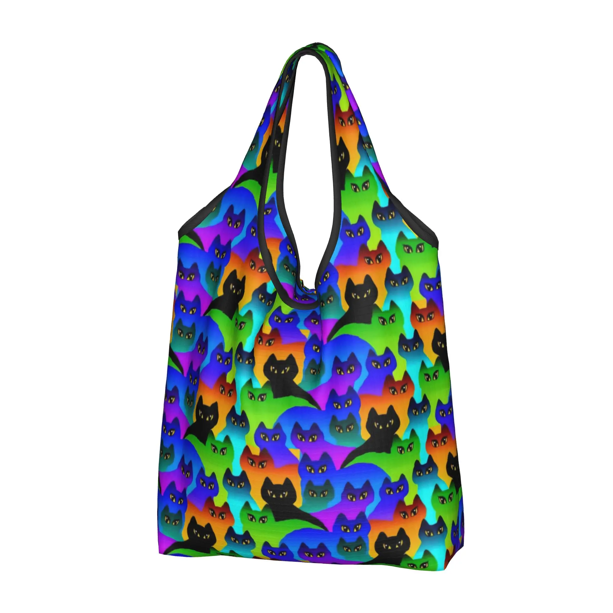 Reusable Cat Seamless Pattern  Shopping Bag Women Tote Bag Portable Colourful Creative  Grocery Shopper Bags