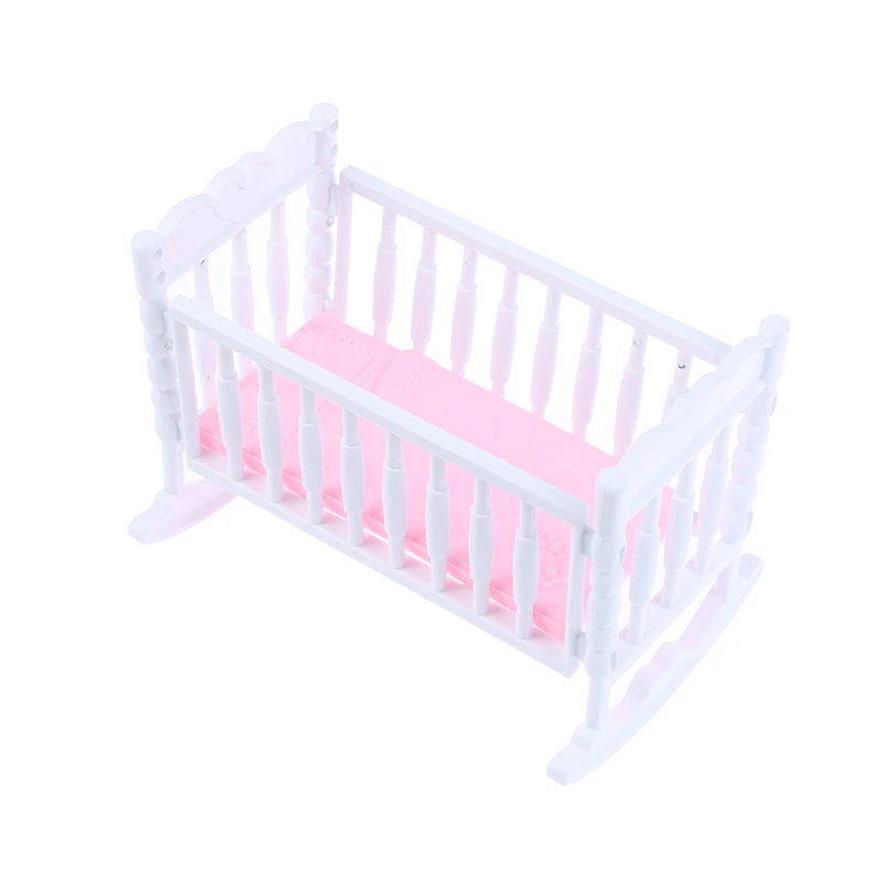 Light Pink Doll Crib Cradle, White Baby Shaker Bed, Doll House Toy Accessories