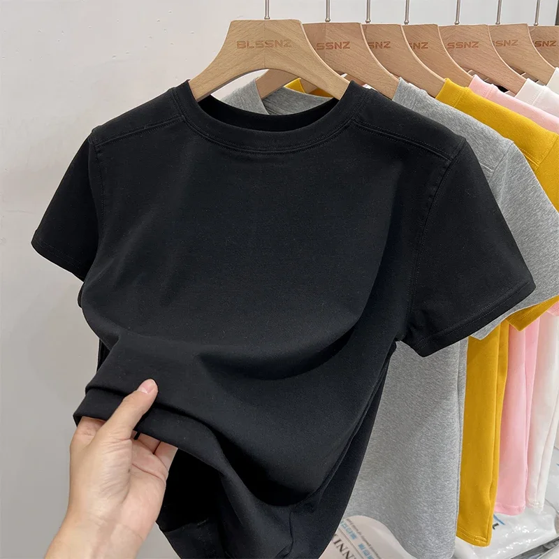 지아이스 솔리드 베이직 반팔 여성 티셔츠 2025 캐주얼 루즈 O넥 패션 탑 티셔츠 여성 한국 티셔츠 스트릿웨어