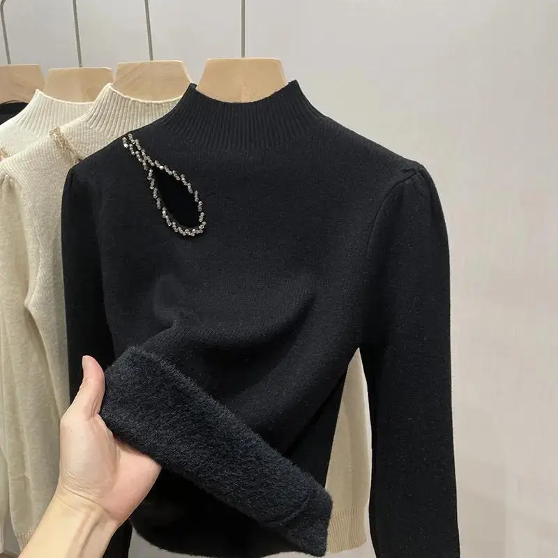 Suéter de cuello alto de terciopelo grueso para mujer, moda coreana forrada, suéter de punto cálido, Top Delgado, Jersey de punto, Jersey de invierno