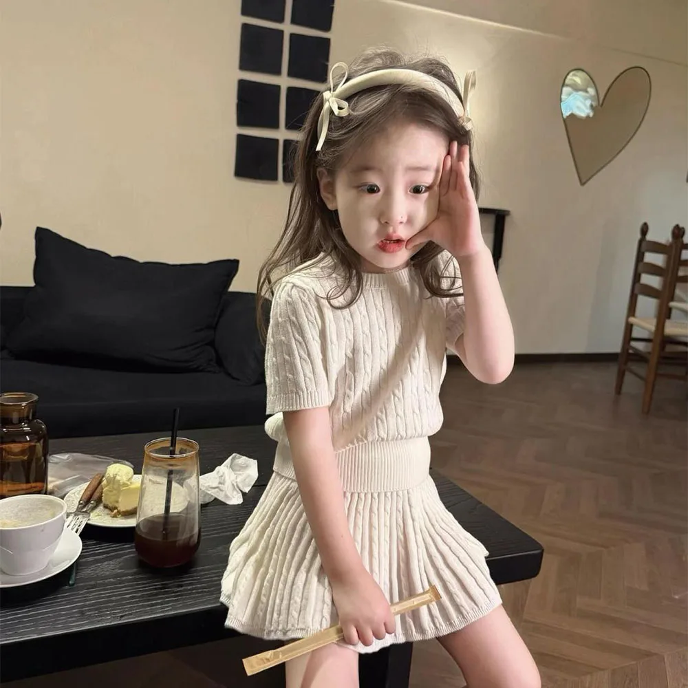 

Kids Girl Preppy Style Knit Set, Cream White Cable Knit Top + Matching Pleated Skirt, Summer Short Sleeve Co-Ord for Toddlers
