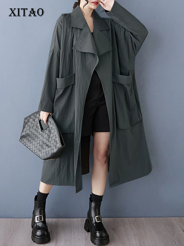 

XITAO Patchwork Pocket Open Stitch Female Coat Casual Loose Fitting Solid Color Full Sleeve A-line Autumn Women Trench GMM1175