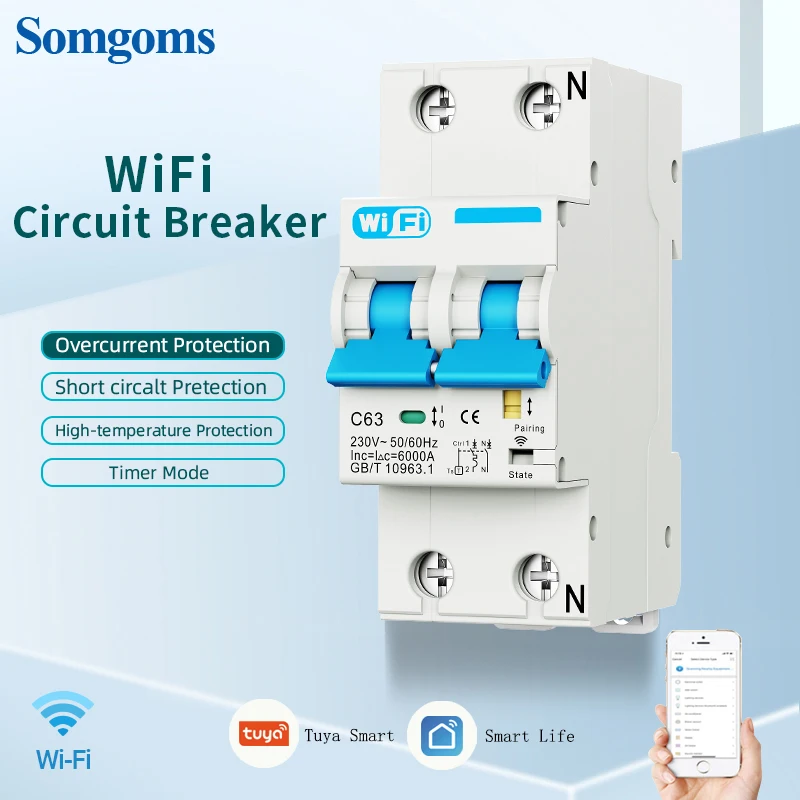 

Tuya APP WiFi Smart Circuit Breaker MCB Timer Relay Switch Remote Control AC 2P-63A Power-off Memory Alexa Google Home Assistant