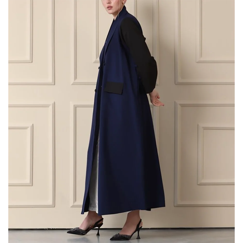 Loose Pathwork Women Long Jacket Female Daily Double Breasted White Lapel Coat Formal Female Saudi Arabia Dress