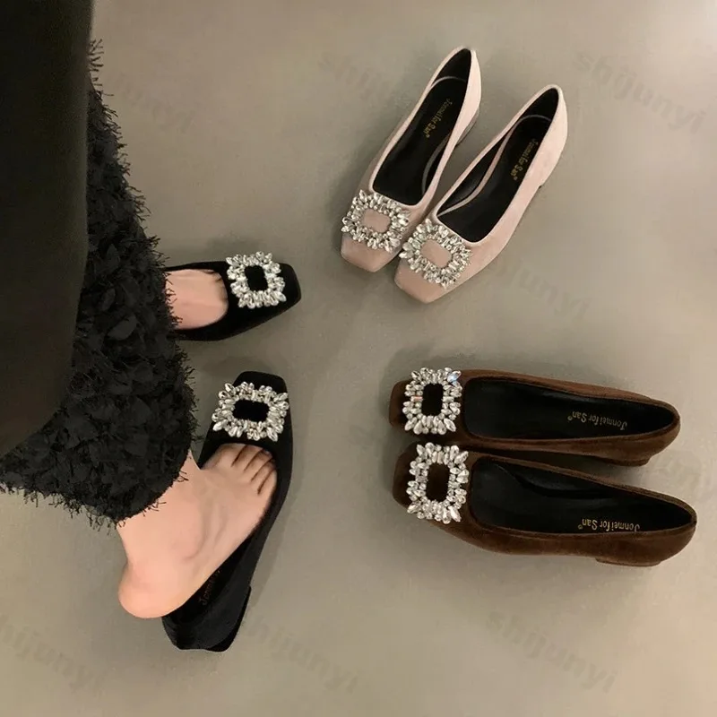 

2024 New Women's Heeled Single Shoes Fashion Rhinestone Square Toe Thick Heel Pumps Ladies Shallow Work Shoes Zapatos De Mujer