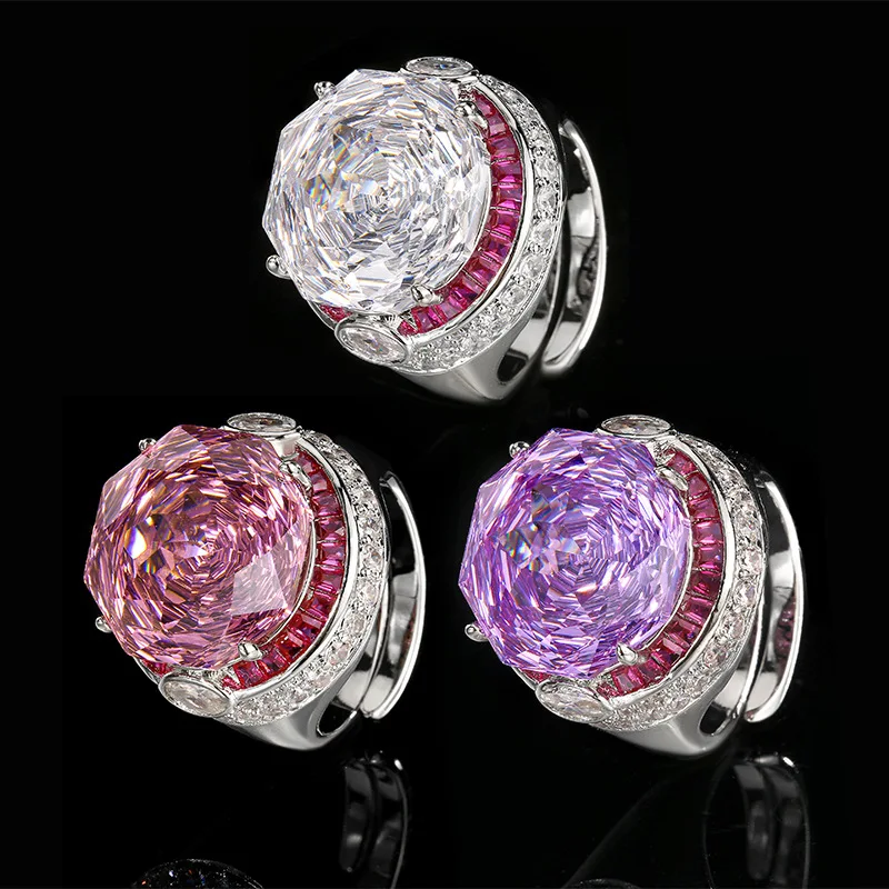 Adjustable Luxury Pink Purple Cubic Zirconia Ring Oversized Cushion Cut Vintage Inspired Cocktail for Women Fashion Jewelry Gift
