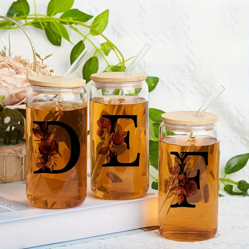 Flores del alfabeto, vaso para beber, letra A-Z, café helado, botella de jugo de agua, taza transparente portátil con tapa, cepillo de paja, regalos de cumpleaños