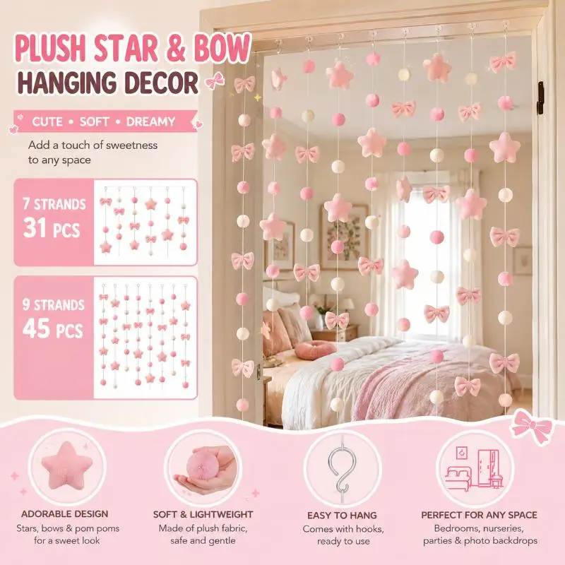Pink Plush Heart Hanging Decor 26Pcs Soft Fluffy With Free Strings For Valentines Day Wedding Party Home Decor