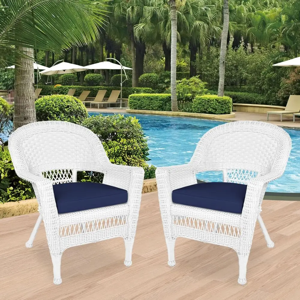 Wicker Chair with Blue Cushion, Set o 2, White/W00206-