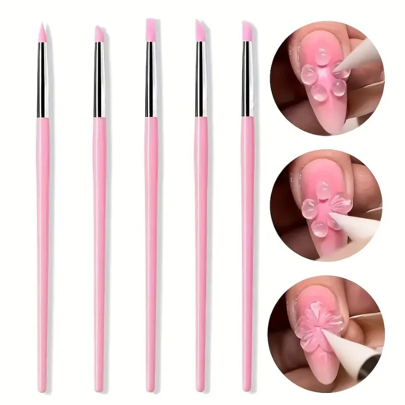 5Pcs/Set Pink Dual Ended Rhinestone Nail Art Silicone Pen Sculpture Pen/3D Flower Carving/Dotting Nail Tool 13cm Manicure Brush