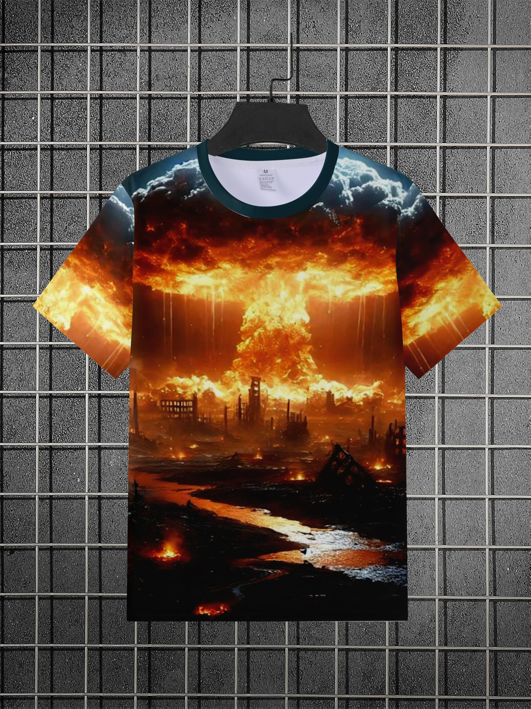 Men's Apocalyptic Burning City Lightning Sky 3D Print T-shirt O-Neck Short Sleeve Sci-Fi Disaster Graphic Casual Streetwear Tops