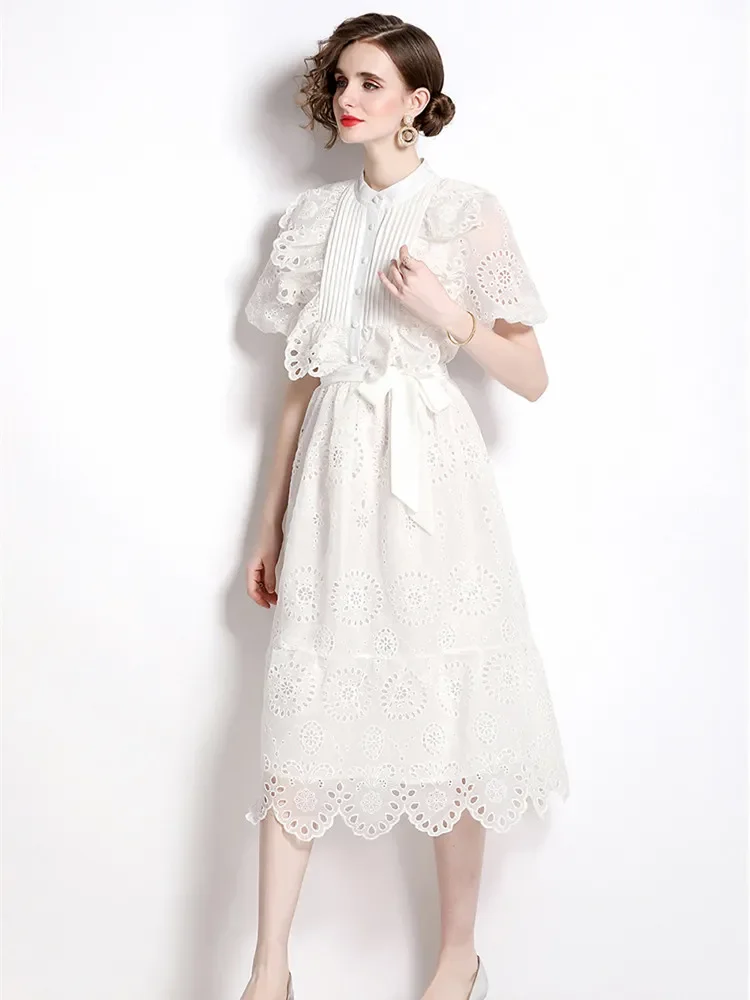 

New Elegant White Flower Hollow Out Embroidery Dress Women's Stand Collar Short Lantern Sleeve Ruffles Lace Up Bow Vestidos