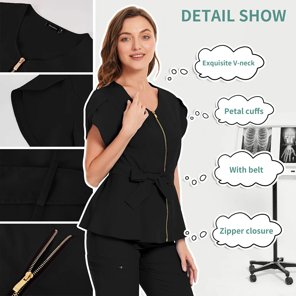 Korte Mouw Schoonheidssalon Werkkleding Temperament Vrouwen Top Verpleging Blouse Sexy Zip Scrub Tops Verpleging Uniform T-shirt 2 Zakken