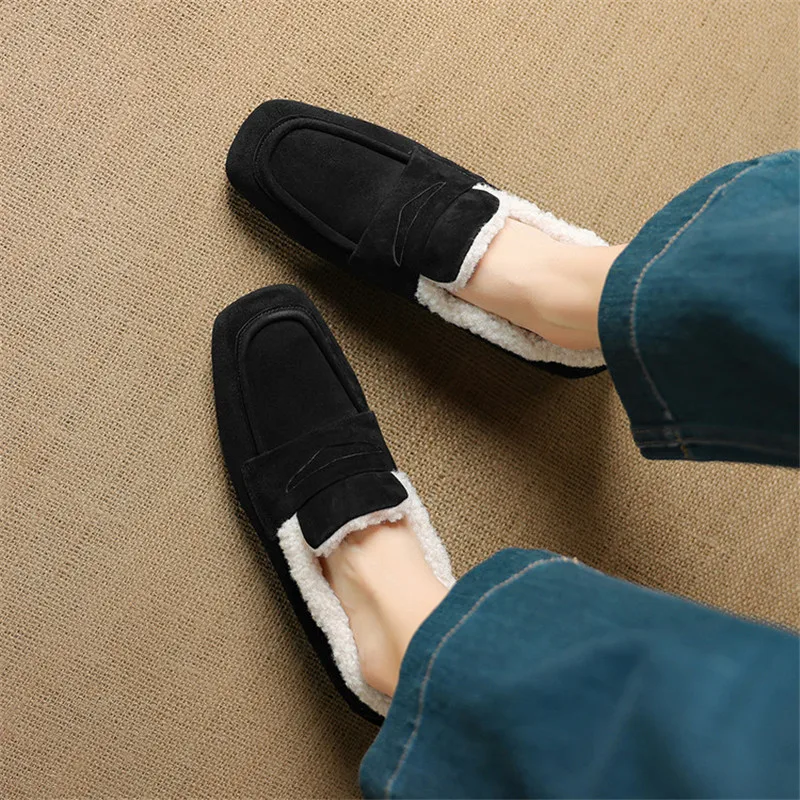 New Autumn/Winter Sheep Suede Women Shoes Fashion Square Toe Shoes for Women Low Heels Women Pumps Leisure Loafers Handmade view 4