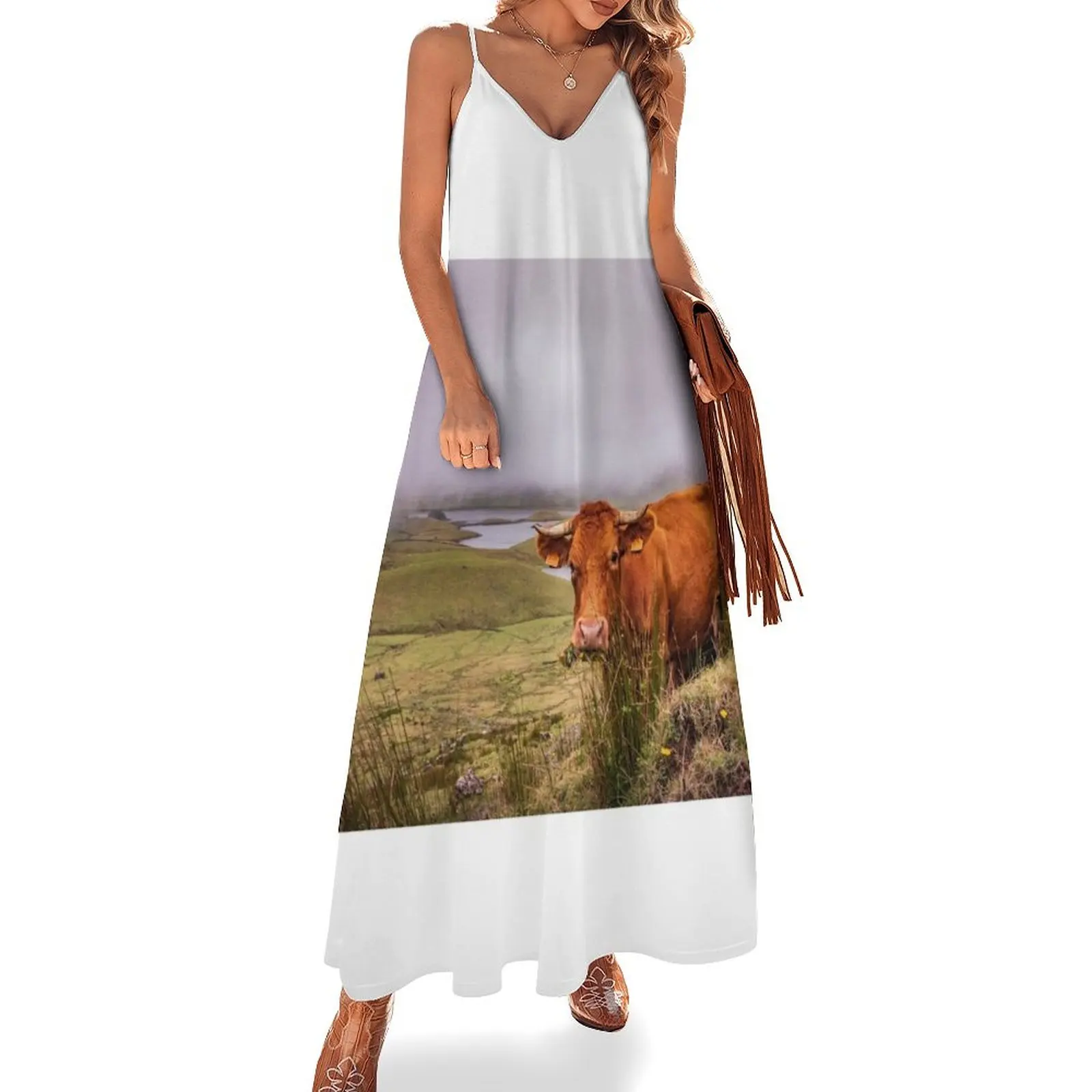 

Cute cow, looking, funny, animals, in nature, amazing landscape, Azores islands. Sleeveless Dress Dress vintage