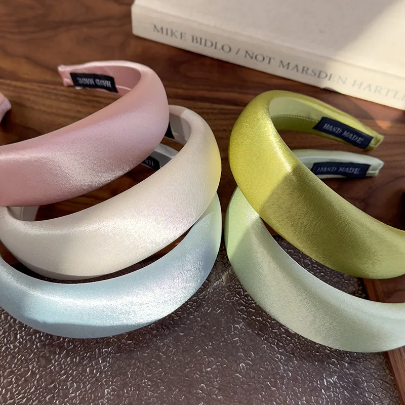 Spring/summer New Bright-coloured Satin Headbands 4cm Wide-Brimmed Sponge Hair Band Woman Temperament Hair Hoop Hair Accessories