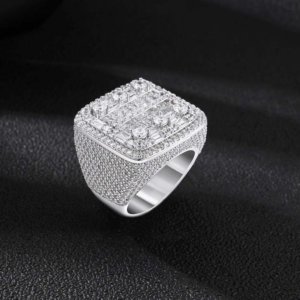 Men's Iced Out Square Ring Full Micro Paved CZ Rectangle Zircon Hip Hop Rapper Big Finger Ring Party Jewelry Gift