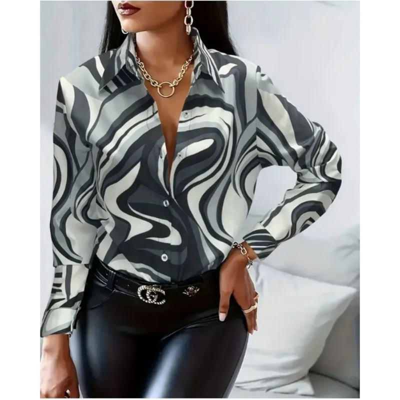 New women's long sleeved shirt with abstract button print personalized and comfortable lapel shirt for women in spring andautumn