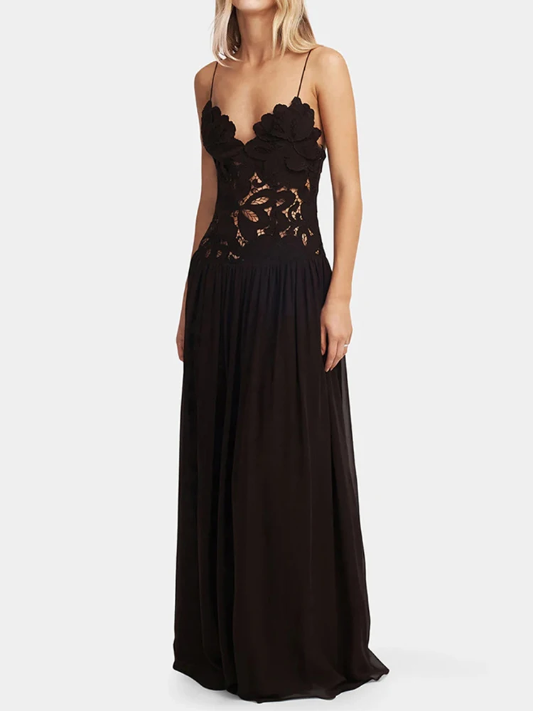 Lady Elegant Patchwork Draped Solid Party Dress Fashion Off Shoulder Sleeveless Gown Dress Sexy Lace Embroidery Sling Long Dress