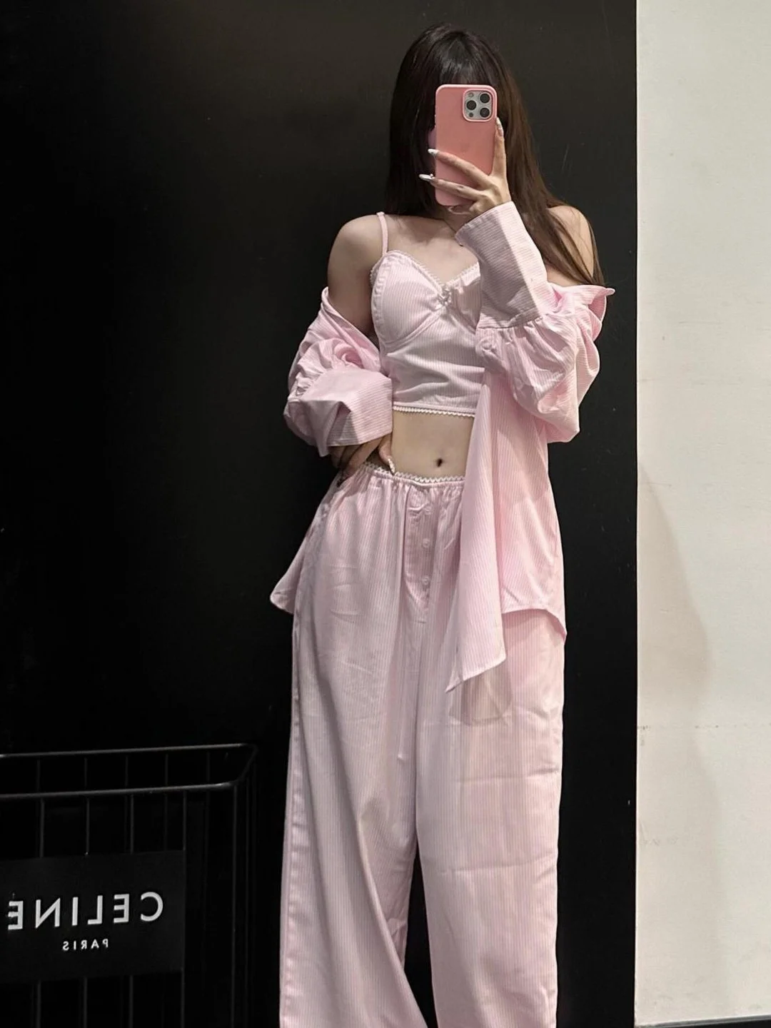 

Spring New Pink Loose Feeling Set Lazy Style Striped Sunscreen Shirt Casual Pants Fashionable Loose Two Piece Set Women's Fas...