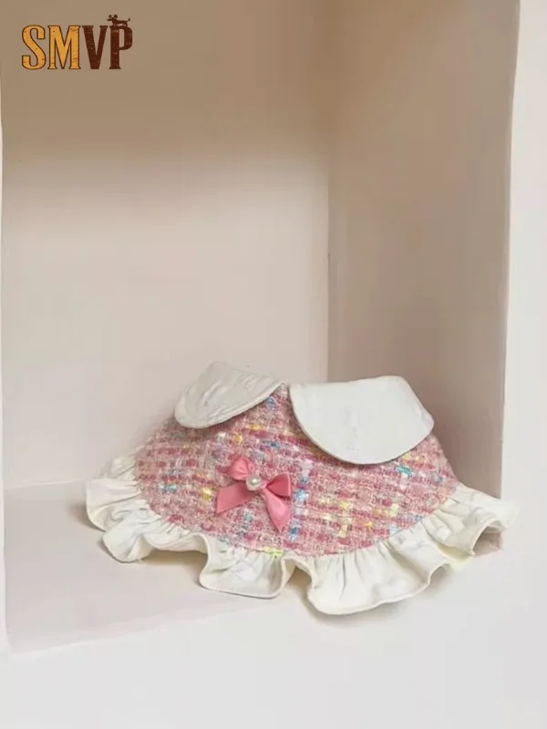 

Spring Vitality Checkered Cream Pleated Edge Bow Decoration Gentle Doll Collar Pet Kitten Puppy Bib Photography Accessories