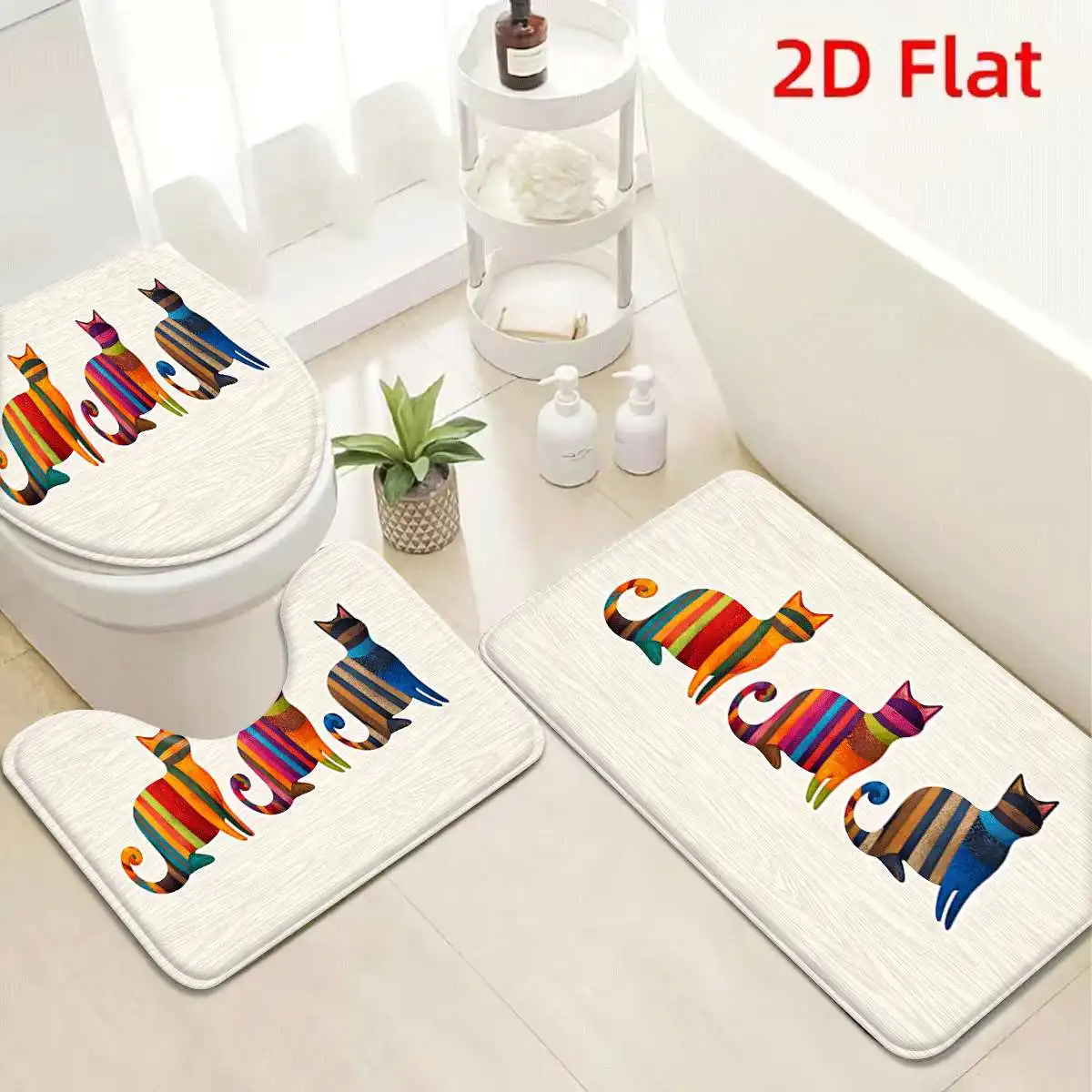 

2D Flat 3pcs Colorful Striped Cats Flannel Non-Slip Toilet Mat Set Absorbent Washable Decorative Bathroom Rug for Home Decor