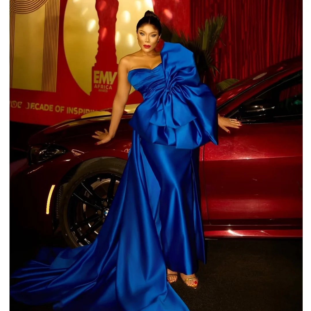 

New Blue Mermaid Evening Gowns Sweetheart Bow Long Women Gala Gown Soft Stain Side Slit Sweep Train Prom Party GownCustomized