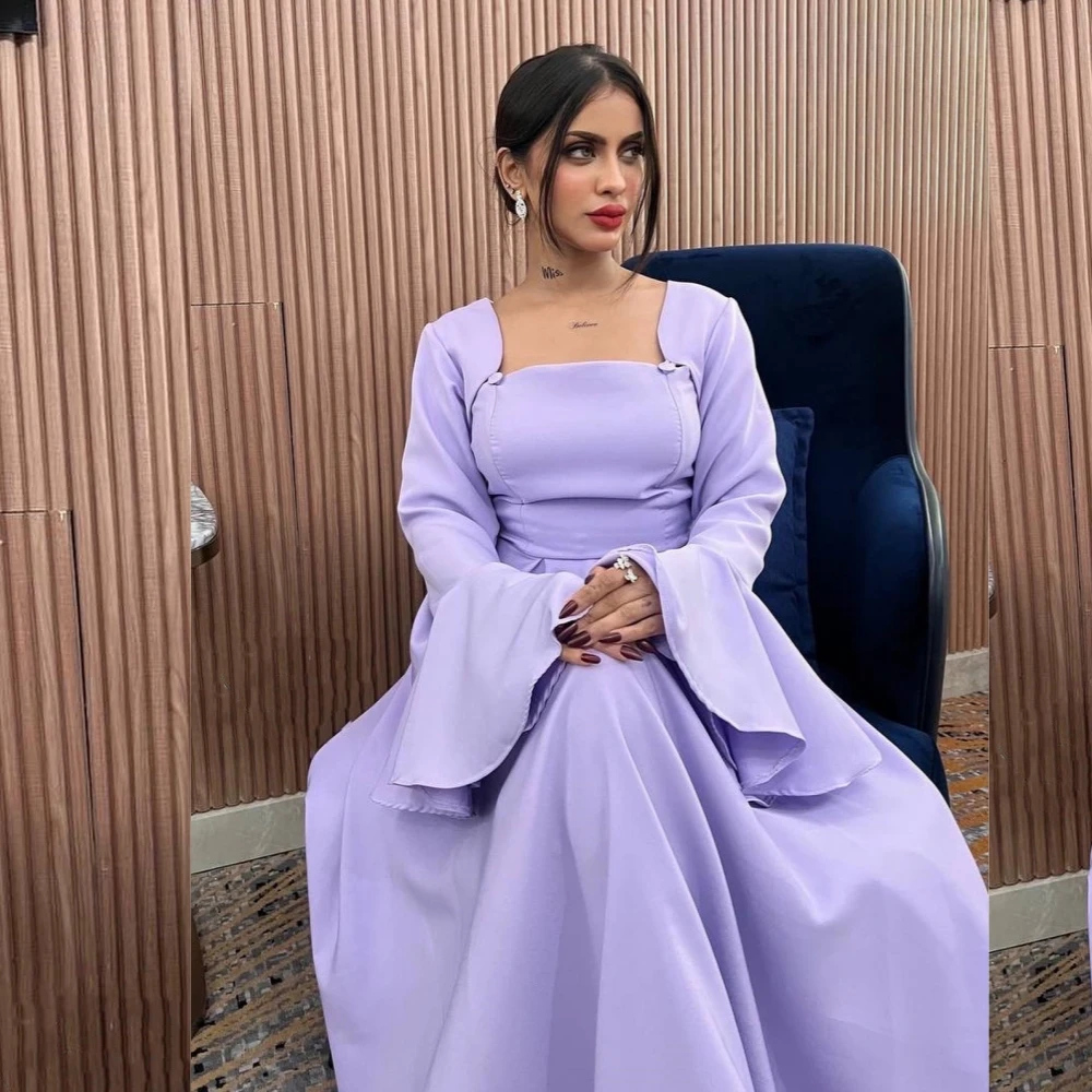 Prom Dress Saudi Arabia Satin Ruffles Draped Formal Evening A-line Square Collar Bespoke Occasion Gown Long Sleeve Dresses