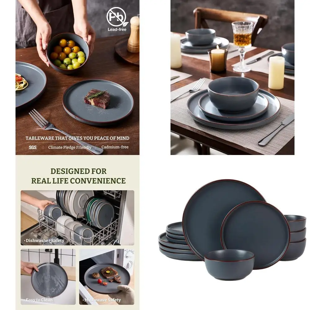 

12-Piece Stoneware Dinnerware Set, Charcoal, Microwave & Dishwasher Safe