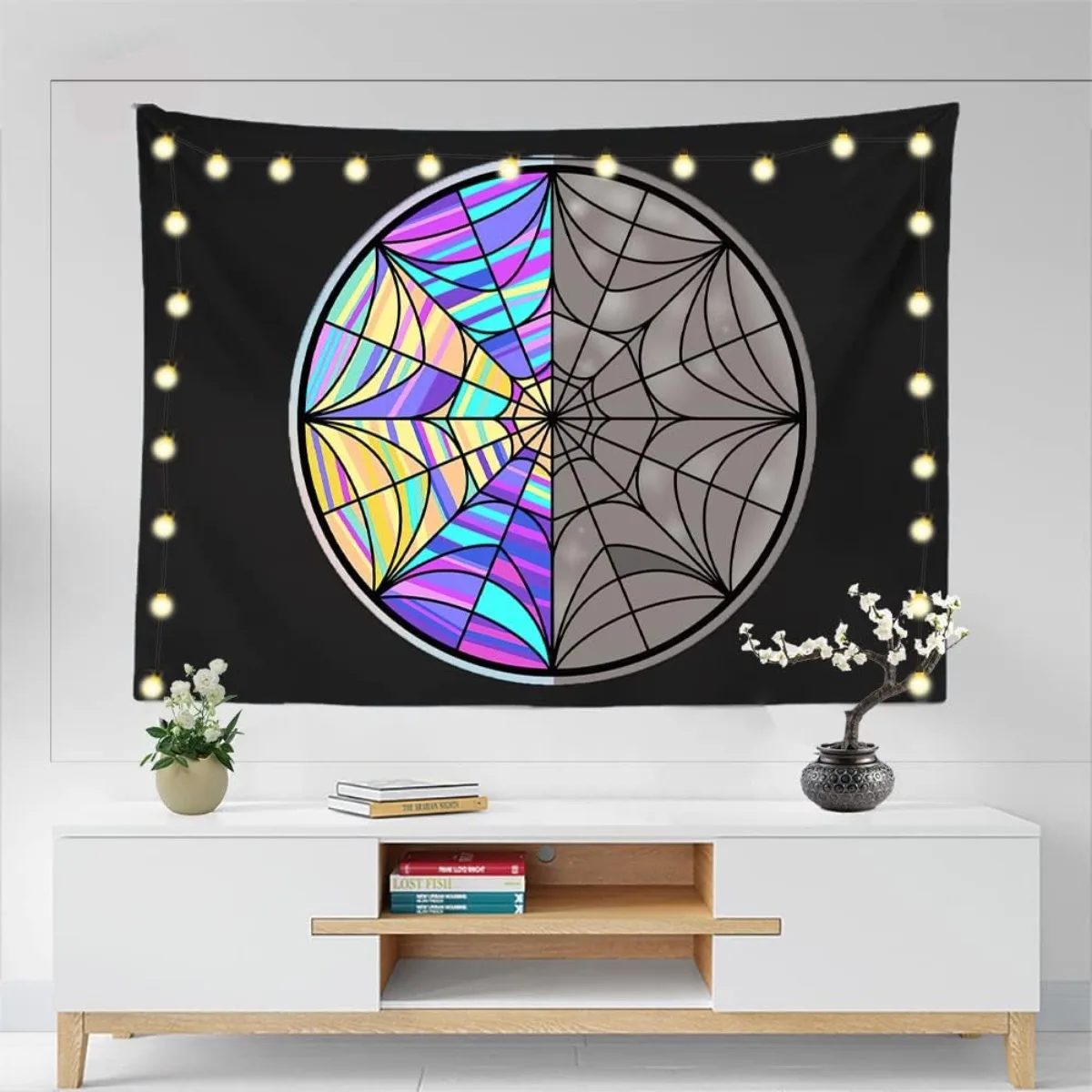 

Wednesday Addams Spiderweb Tapestry Gothic Colorful Wall Hanging Banner in black with a vibrant spiderweb pattern home decor