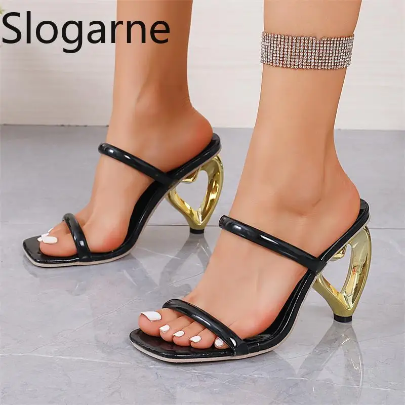 2026 Brand Summer High Heels Sandals Women Outdoor Modern Slippers Female Square Open Toe Hollow Love Heels Shoes Party Shoes