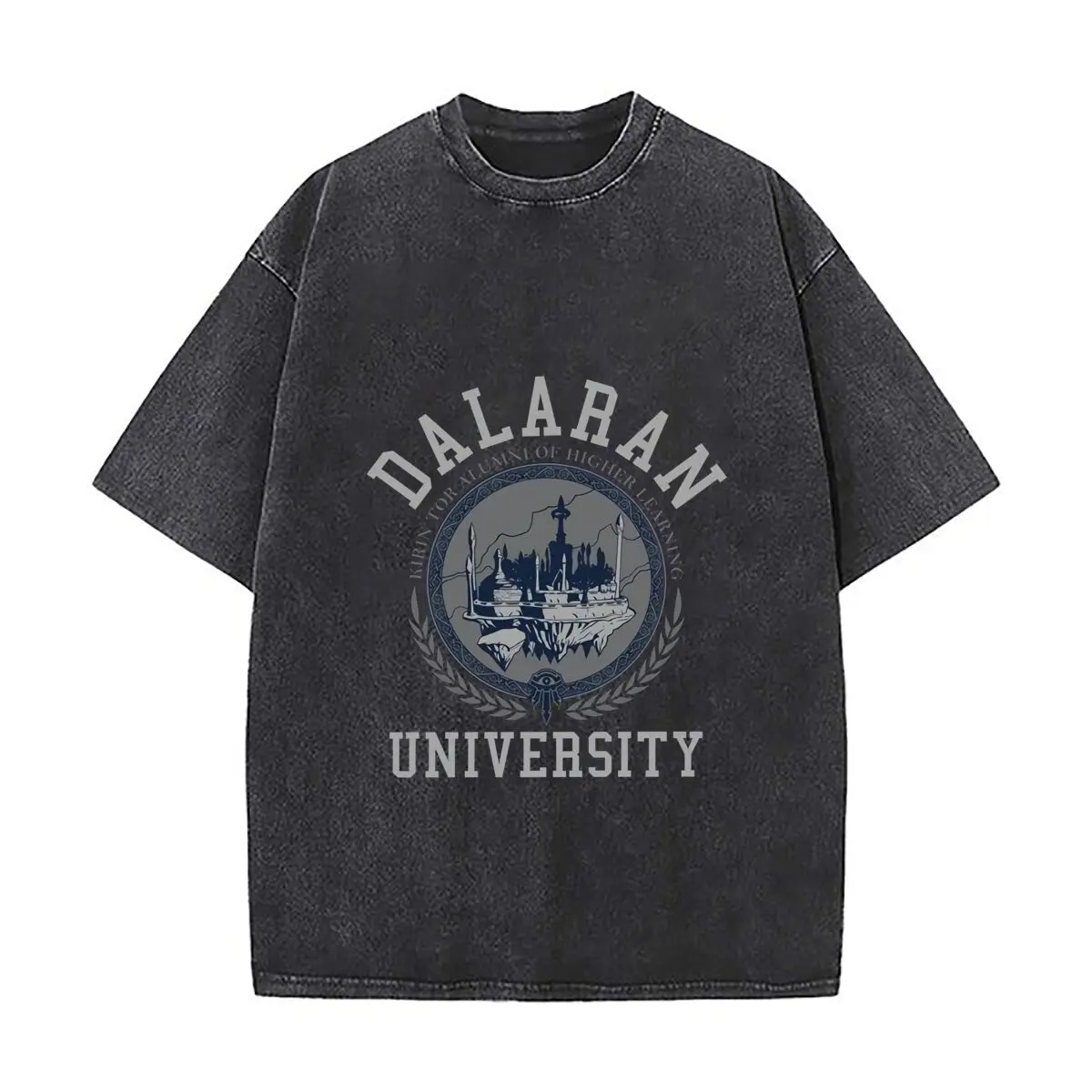 Camiseta holgada lavada de algodón con diseño artístico de la Universidad de Dalaran, camiseta informal que combina con todo