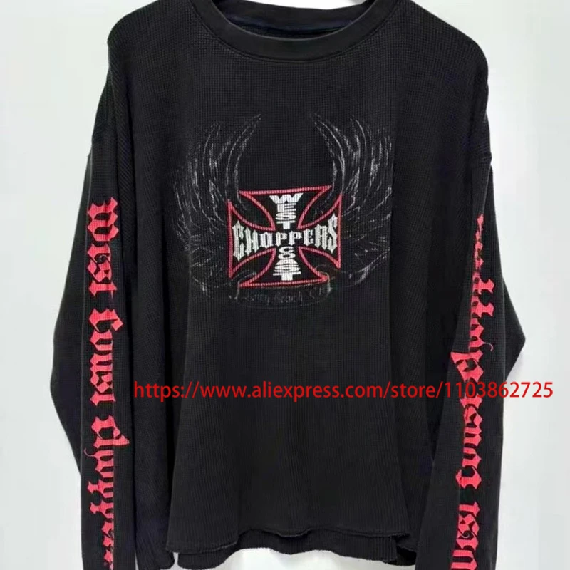 

Street Hip-hop West Coast Long Sleeves Retro Do Old Letter Logo Print Tops West Coast Choppers T-Shirts