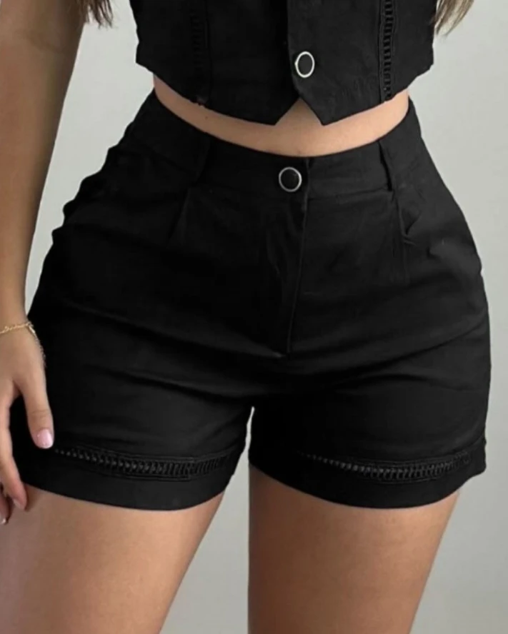 Women's Summer Short Cut Hollowed Out Ribbed Vest Button Top and Pocket Zippered Shorts Set