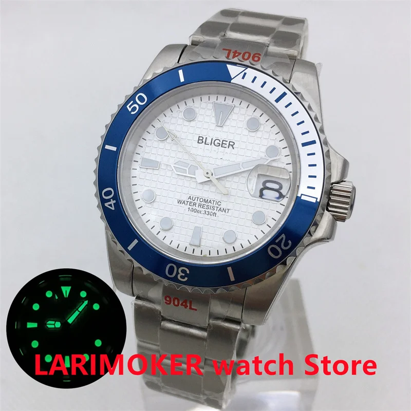 BLIGER 40mm Men's Diving mechanical watch NH35 movement sapphire glass titanium bezel stainless steel bracelet