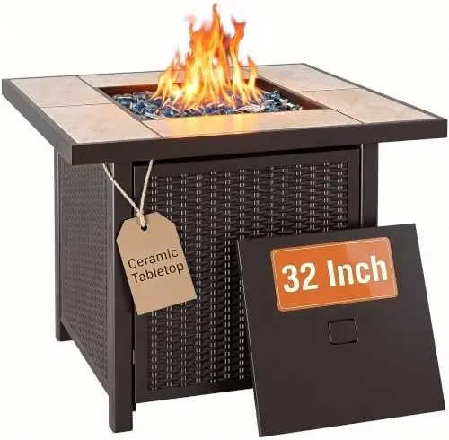 BALI OUTDO Propane Gas Fire Pit Table 32 inch 50,000 BTquare Gas Firts for Outside, Brown | 32 inch 50,000 BTquare Gas