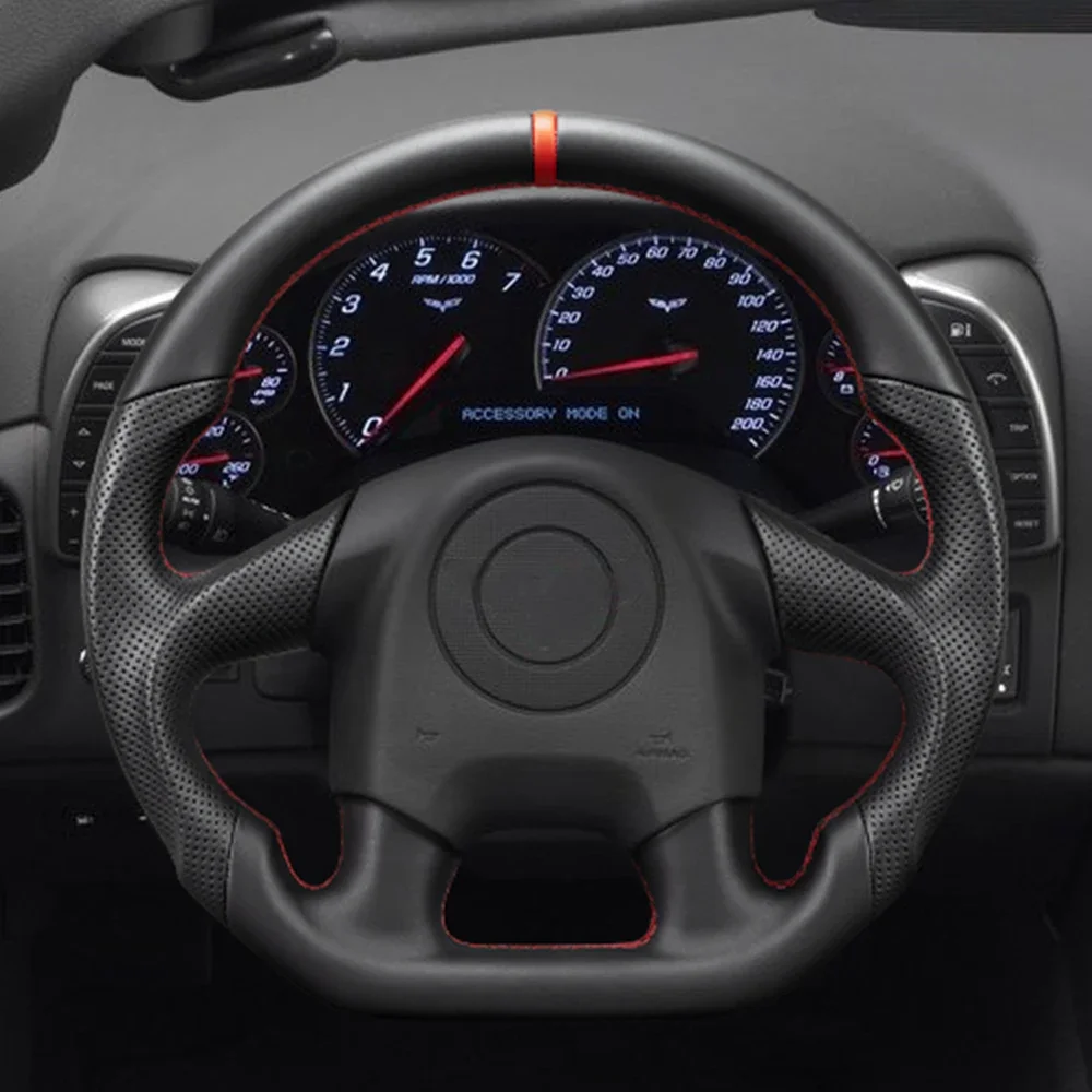 Full Leather Flat Bottom Steering Wheel With Red Top Stripe Finger Grips Fit For Chevrolet Corvette C5 Racing Car Accessories