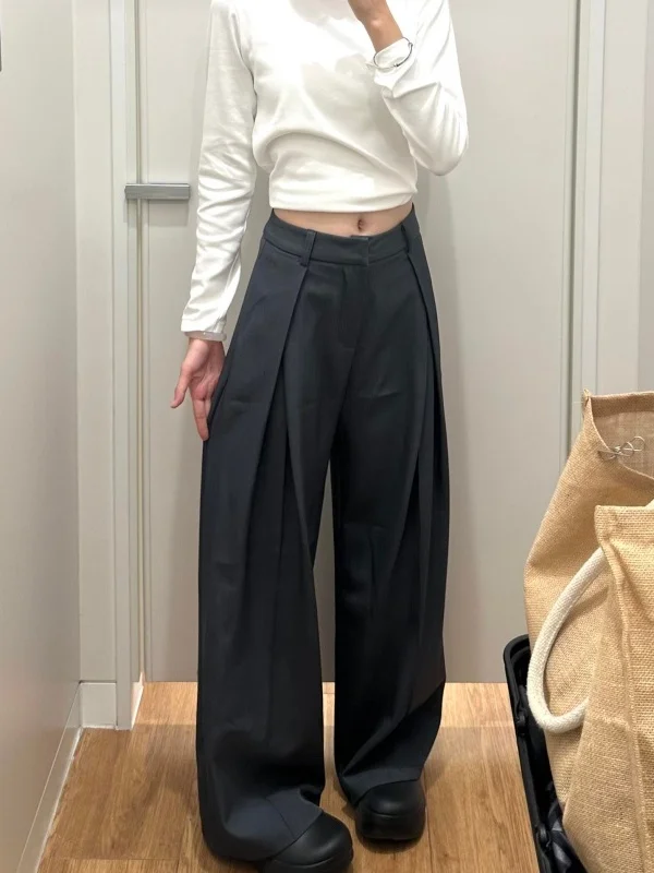 High Waist Wide Leg Suit Pants for Women Casual Drapey Slimming Pleated Long Black Spring Autumn Straight Tube Trousers