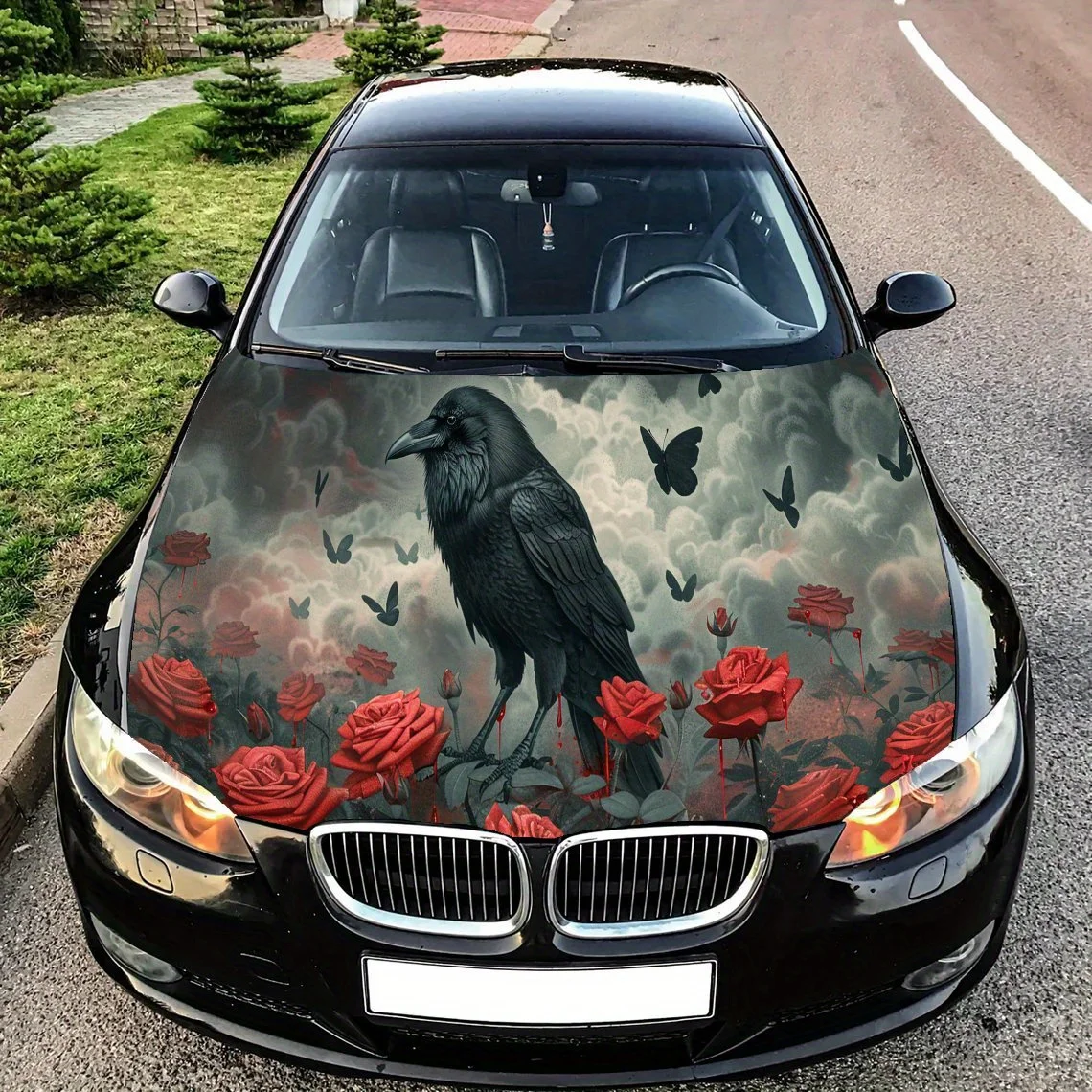 

Кровавая красная роза с вороном, наклейка на капот автомобиля, самоклеящаяся наклейка на капот из ПВХ, декор, устойчивая к царапинам наклейка, защита, автоаксессуары