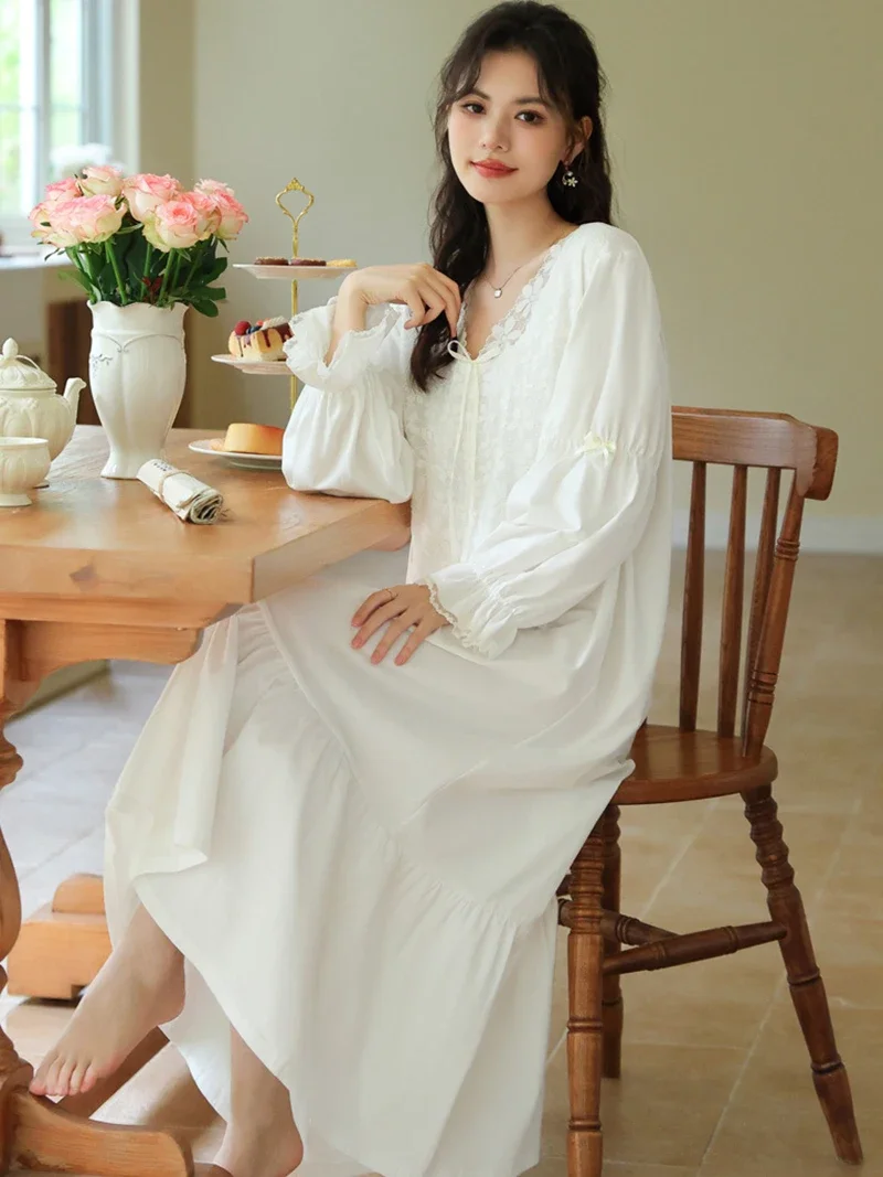 Long Sleeve Nightgown for Women Cotton Spring Loose French Sleepwear Court Soft Home Clothes Autumn Vintage Princess Nightwear