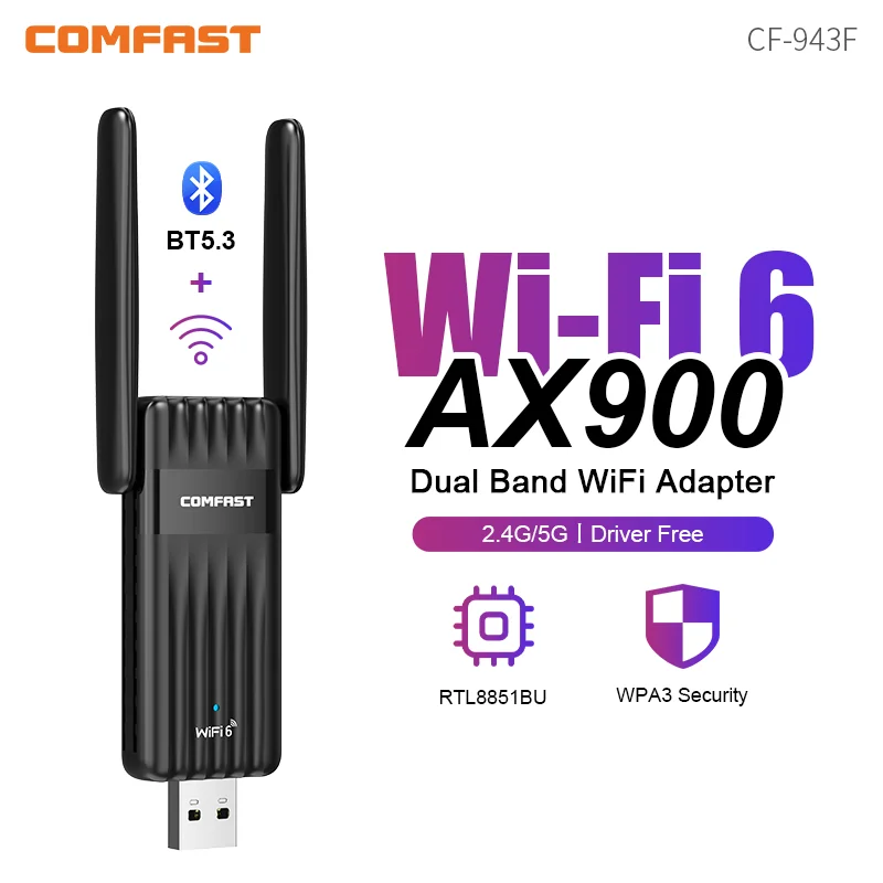 

COMFAST AX900 WiFi 6 Bluetooth Adapter 2.4G&5GHz 900Mbps WiFi adaptador Free-Drive 2*3dBi Antenna BT5.3 Dongle for Win10/11 WPA3