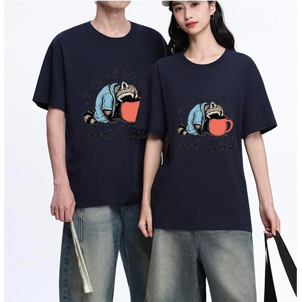 Tired Raccoon Coffee Cup Printed T Shirt Breathable Fabric S-XXL Personalized Custom Aesthetic Graphic Unisex Fit Casual Short S