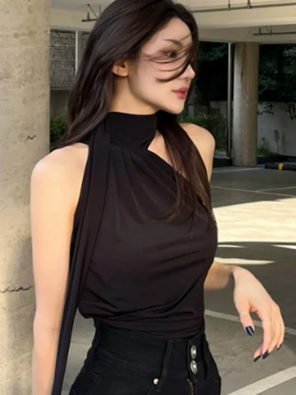 Women Blouse Soild Color Slim Fit Sexy Hanging Neck Tank T Shirt Open Collar Ribbon Versatile Summer Sleeveless Casual Tops 4MXC