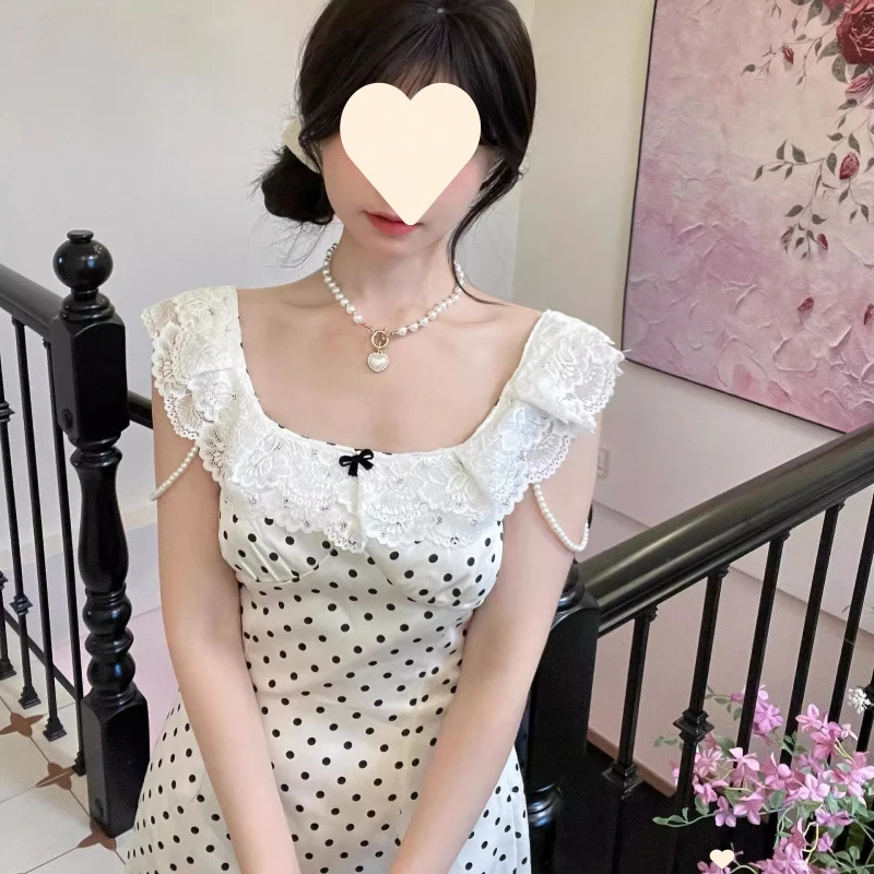 

Платье-комбинация в горошек во французском стиле, новое летнее платье для миниатюрных женщин, милое короткое платье с кружевной отделкой и завышенной талией