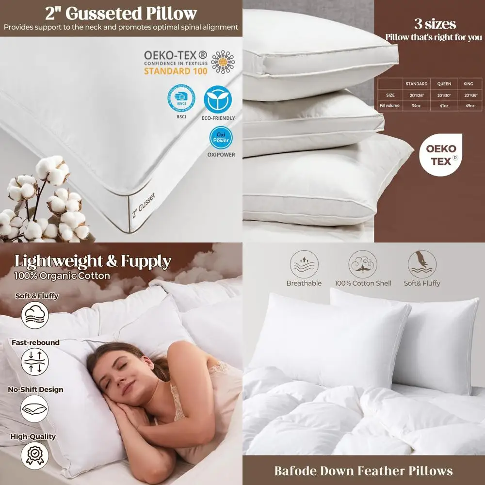 

Queen Size Goose Down Pillow Set of 2, Cotton-Covered, Gusseted for Comfortable Sleep