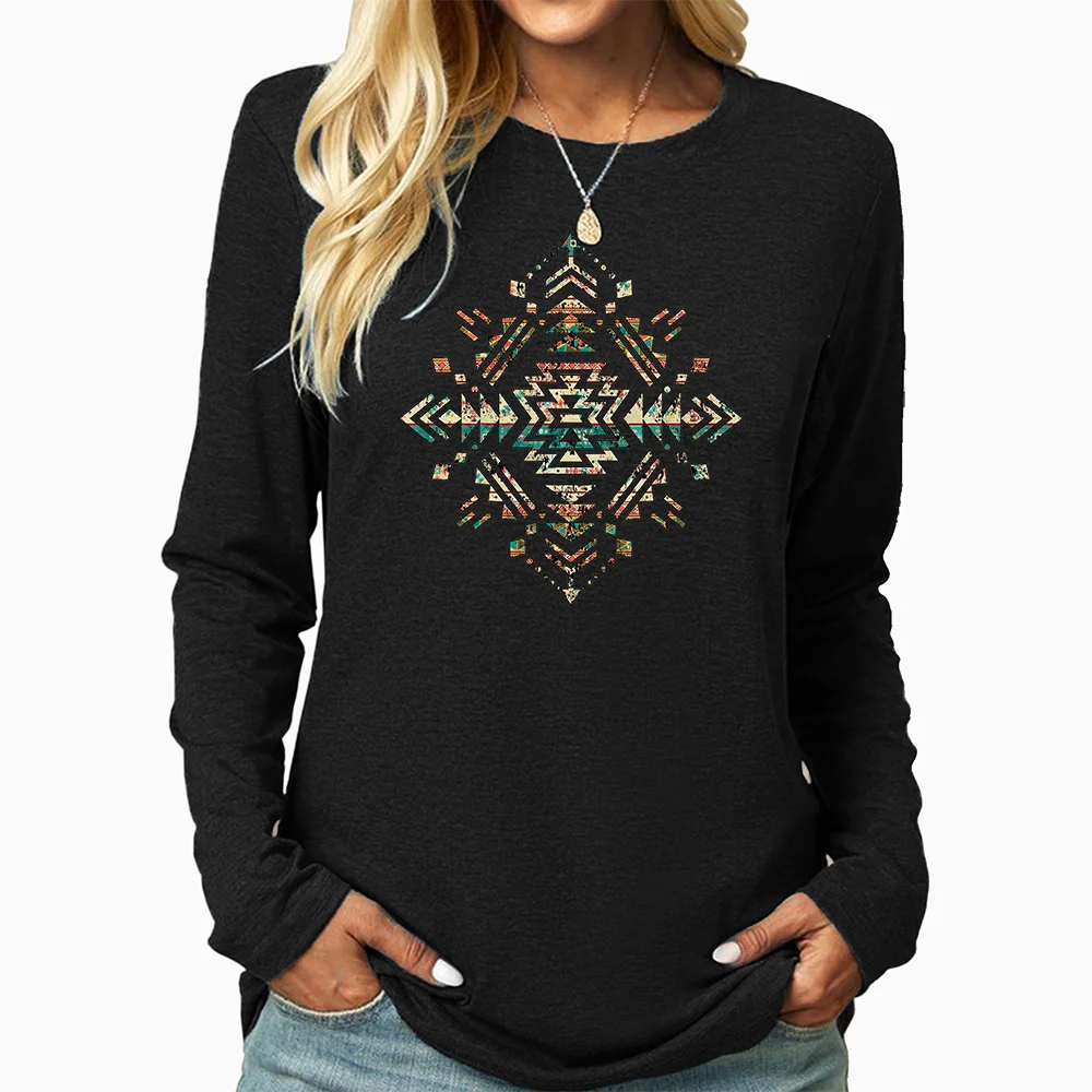 Vintage Aztec Graphic Print T-Shirt, Women\'s Long Sleeve Top, Versatile Women\'s T-Shirt