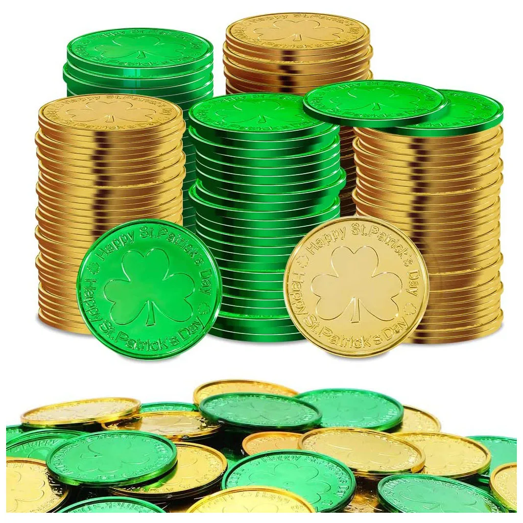 

100pcs Coins Toys St. Patrick’s Day Party Pirate Shamrock Coin Supplies Green Gold Treasure Irish Festival Party Decor