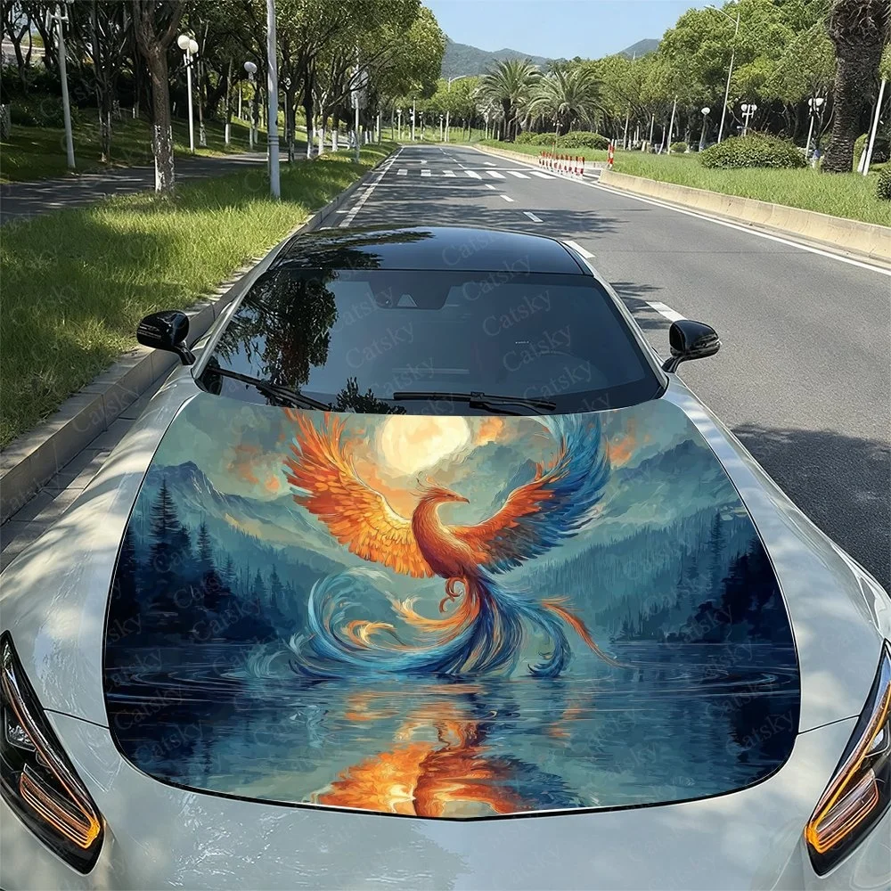 Vibrant phoenix design on car hood, featuring fiery wings and serene water reflections. Perfect for nature lovers. Unique artwor