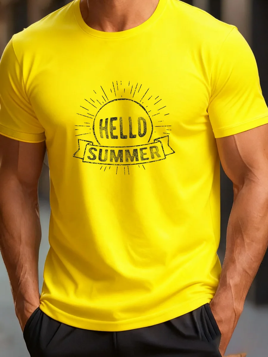 تي شيرت برتقالي لامع بأكمام قصيرة مع طباعة جرافيك "HELLO SUMMER" - تي شيرت كاجوال للرجال برقبة دائرية لأسلوب الصيف #6