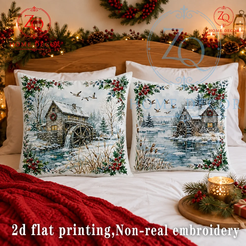 Rustic Winter Watermill Christmas Throw Pillow Cover Festive Holly Berry Holiday Decor  2D Flat Printed Seasonal Cushion Case